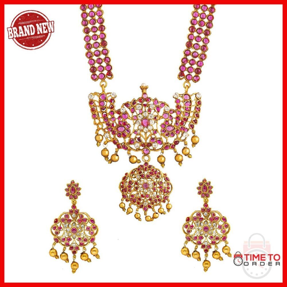 Gold Plated Kundan Bridal Necklace Set with Earrings, Adjustable 22"